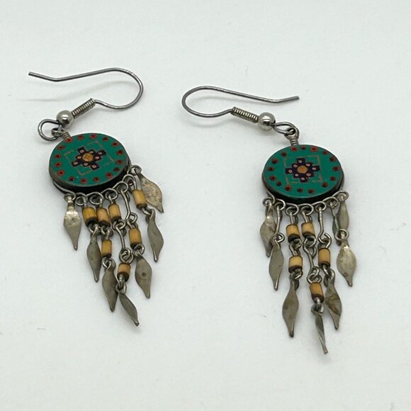 Estate Jewelry - Vintage Southwestern Dangle Earrings Hand Painted Tribal Boho Geometric Fringe
